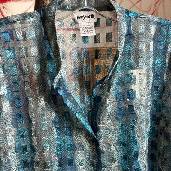 BonWorth Shimmering Blue and White Top Small Petite - Picture 4 of 16